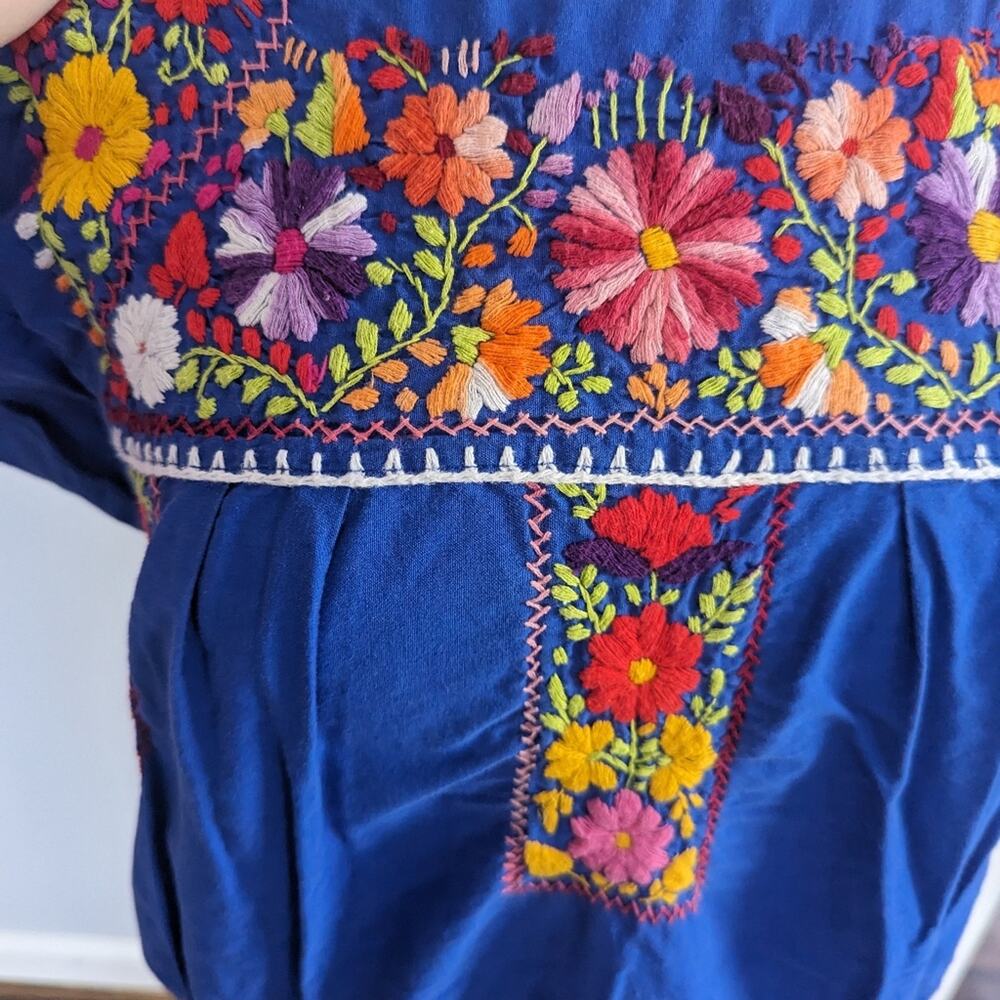 Vintage Puebla Maxi Dress Small 70s Blue Colorful Flower Basket Cotton - Picture 6 of 10